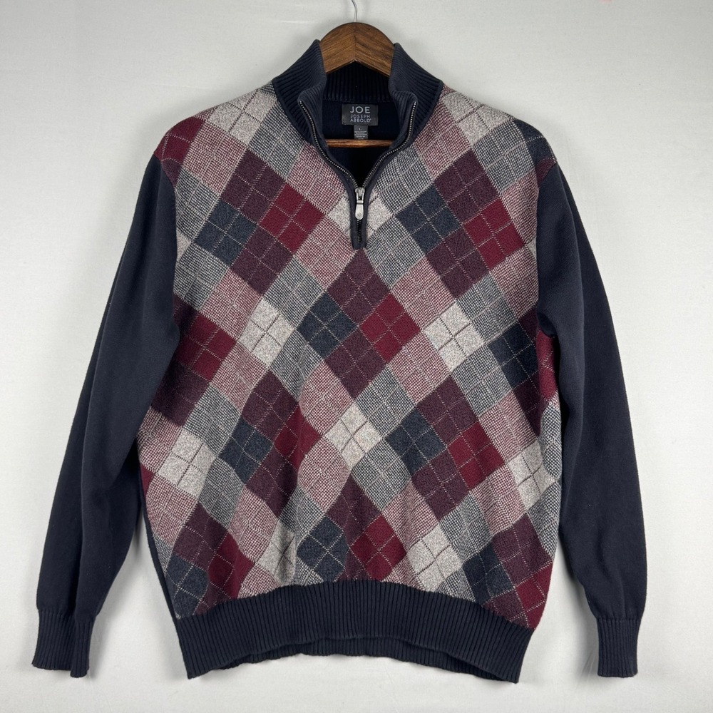 Joseph Abboud Argyle Sweater Mens Large Navy Burgundy NWOT 100% Cotton 1/4 Zip